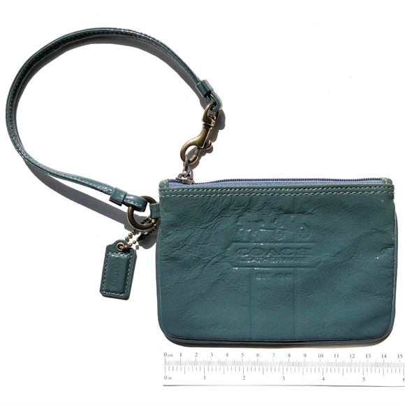 Coach Patent Leather Small Wristlet Wallet Teal Blue Embossed zipper brass plaid - Picture 6 of 7